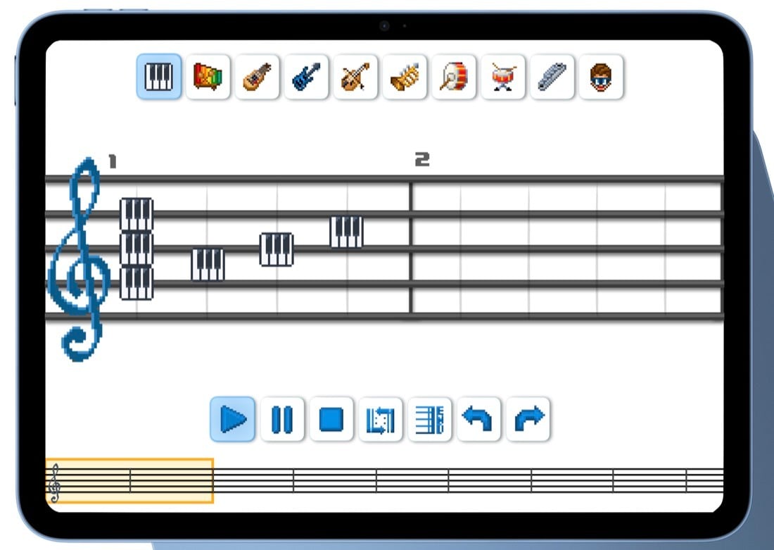 MegaMusic interface showing colorful pixel-art instrument icons and sounds arranged on a musical staff
